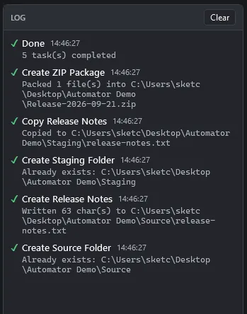 Automator execution log with timestamps, per-task results, and captured command output