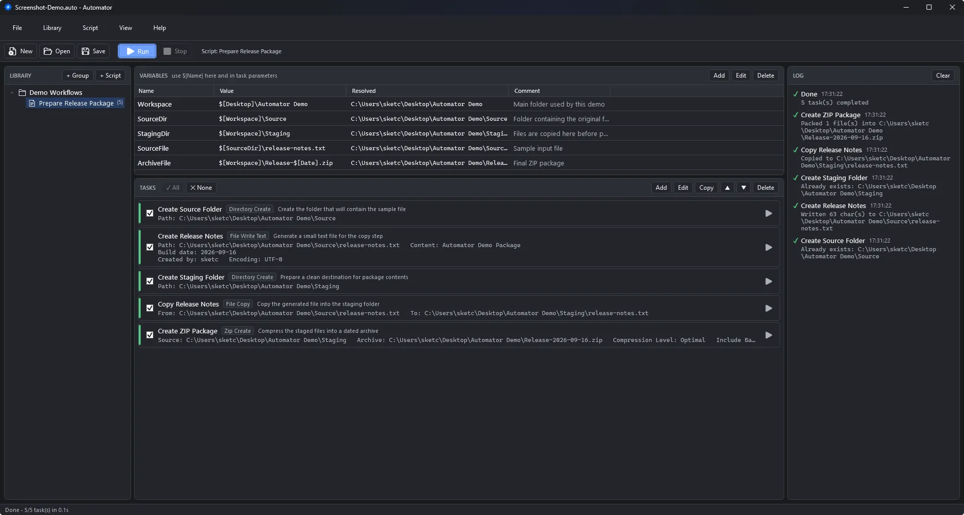 Automator for Windows - workflow library, variables, task list, and execution log in one window