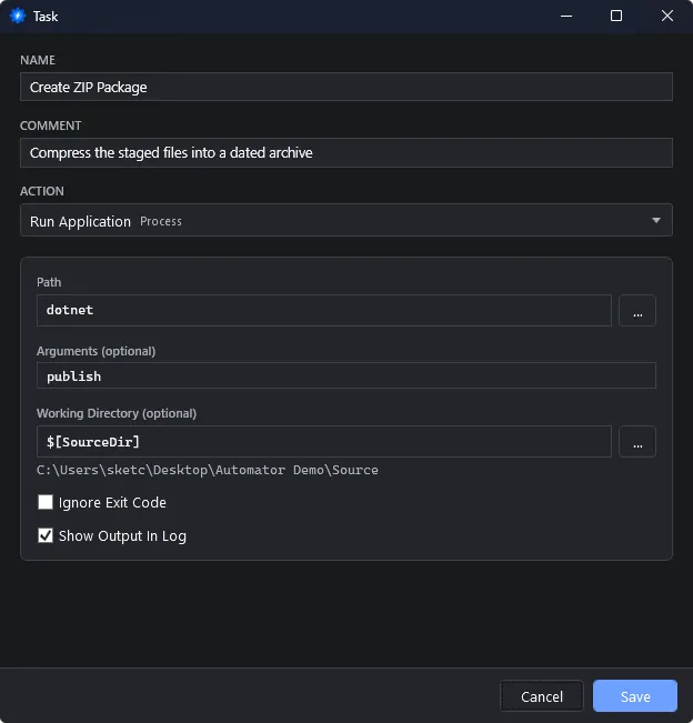 Automator task launching an external application with arguments, working directory, and output capture