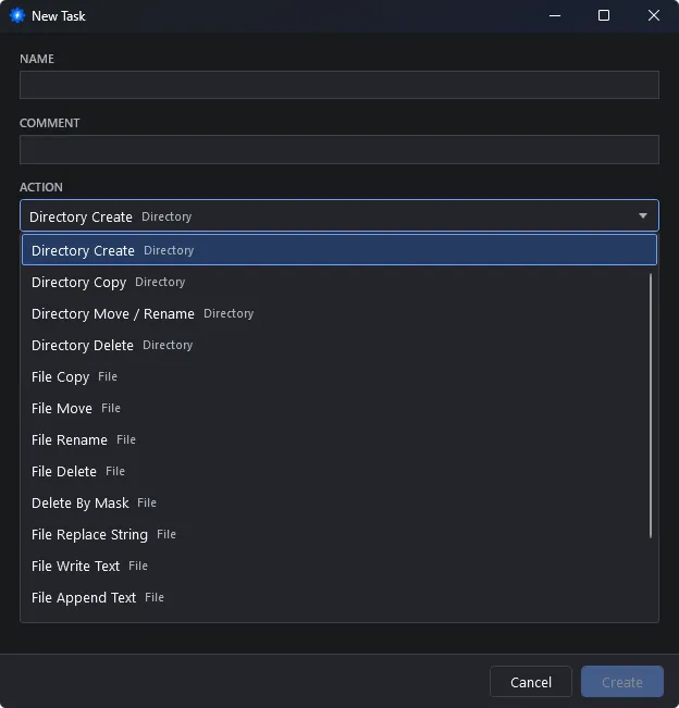 Automator task editor configuring a file copy operation with source and destination paths