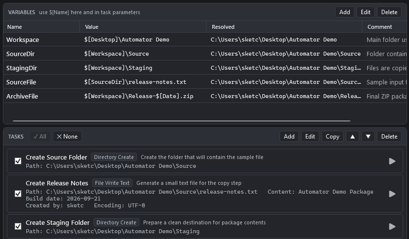 Automator variables table with names, values, and resolved results