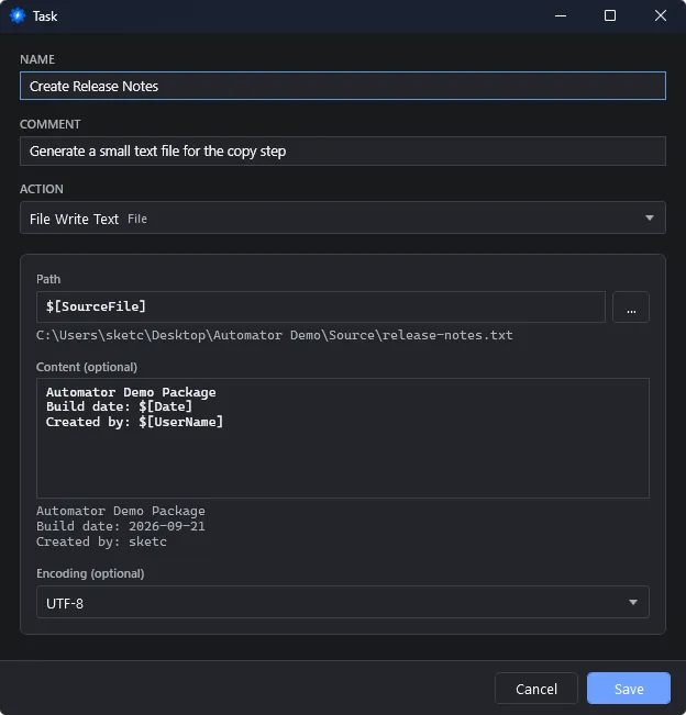 Automator task editor creating a ZIP archive with a compression level and an output name built from variables
