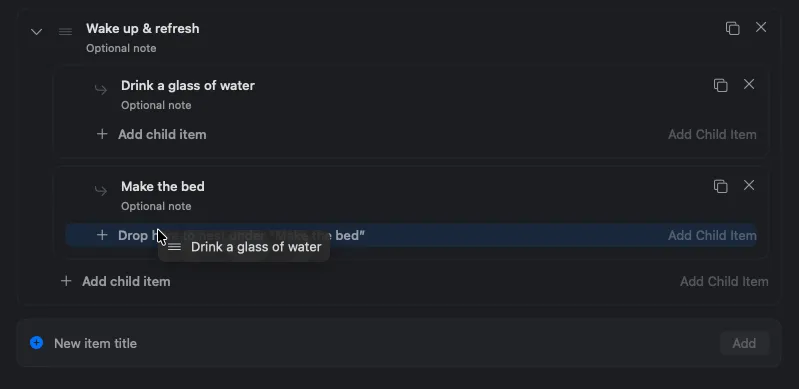 A checklist step being dragged onto another step to become a sub-step