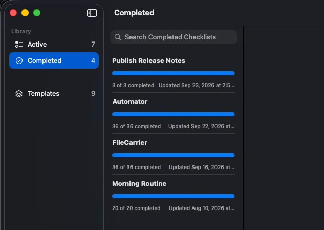 Finished checklists sorted by date, with the finish date and completion note of the selected one