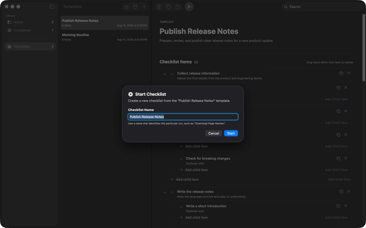 Checklist Tracker - Start New Checklist