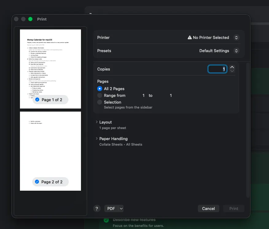 Print preview of a checklist with indented steps, checkboxes, and a note
