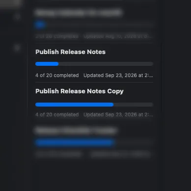 The same checklist started several times, each run with its own date and progress