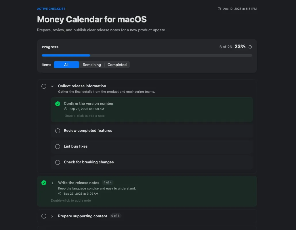 A checklist in progress with a progress bar, a completed parent step, and a filter hiding finished steps