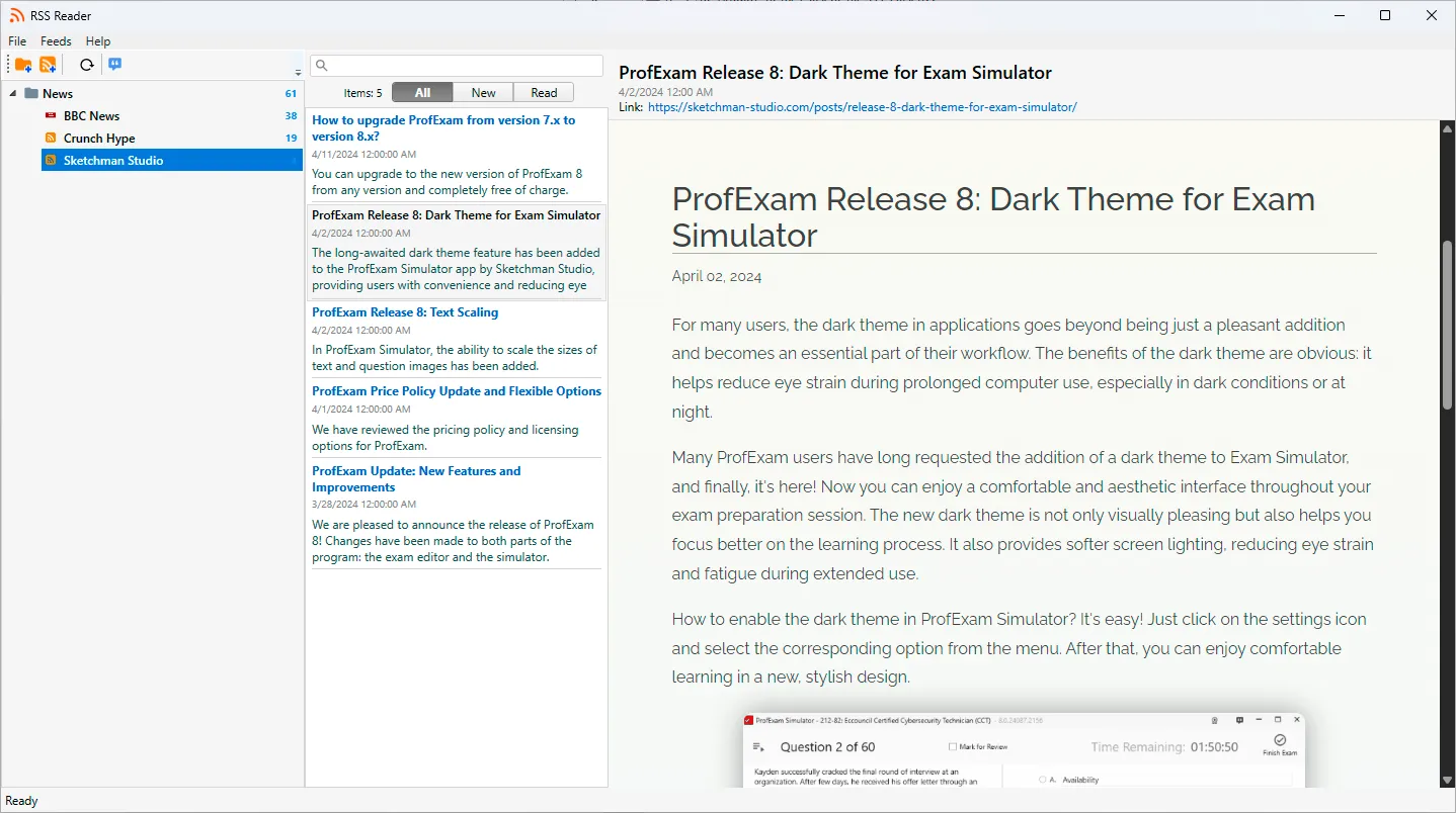 FeedHarbor RSS reader for Windows with feed folders, unread article counts, search and status filters, article list, and full content viewer