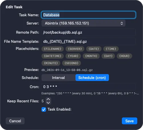 Task schedule editor with interval and cron expression options in FileCarrier for macOS