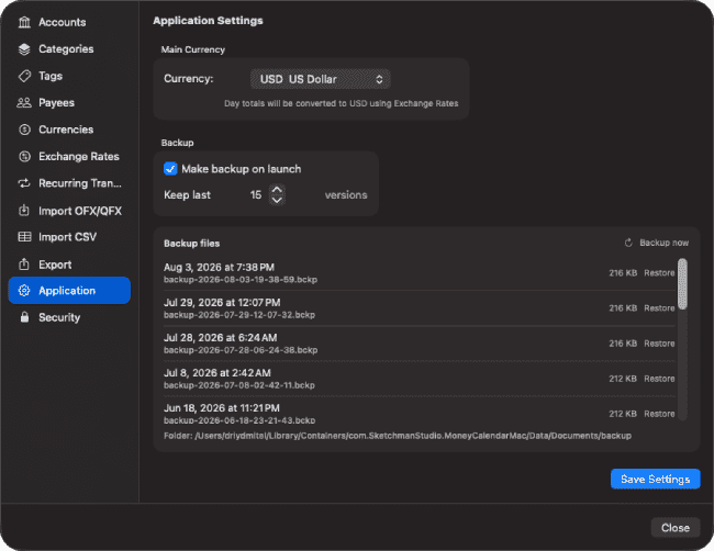 Local automatic backup settings in Money Calendar for macOS