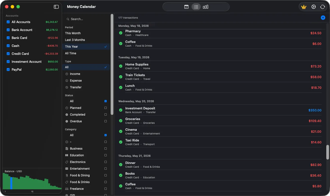 Mac expense tracker with searchable transaction history and advanced filters
