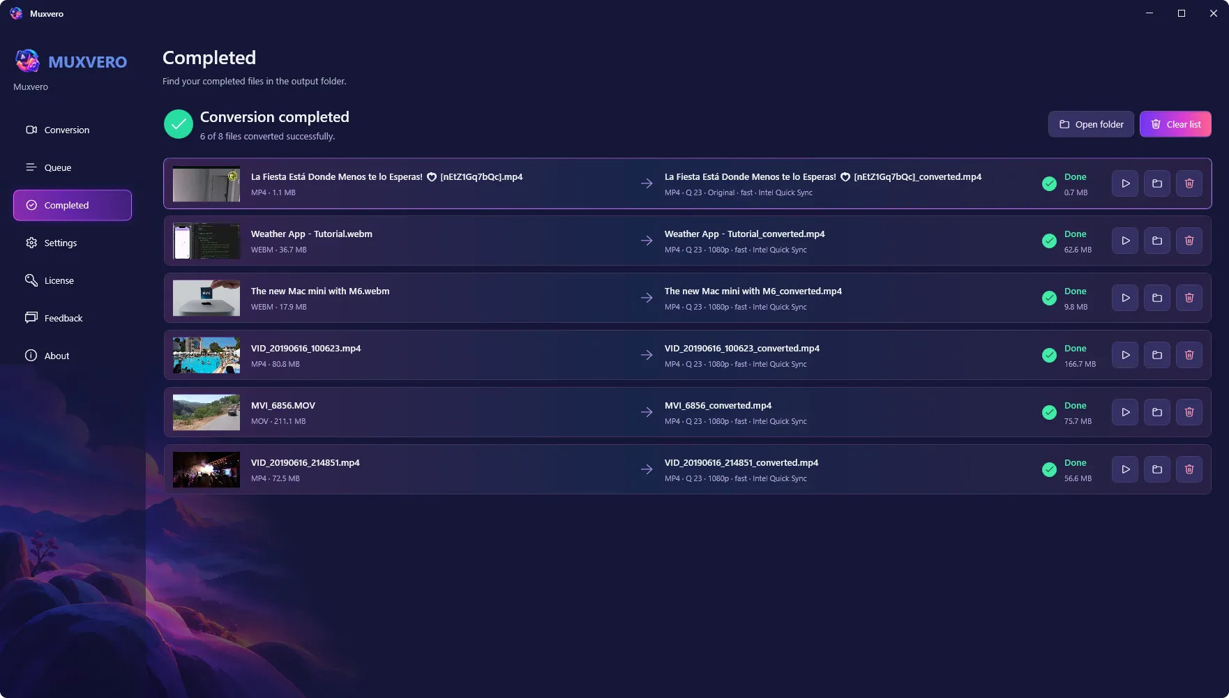 Muxvero completed conversions with output file sizes and controls to play files or open their folders.