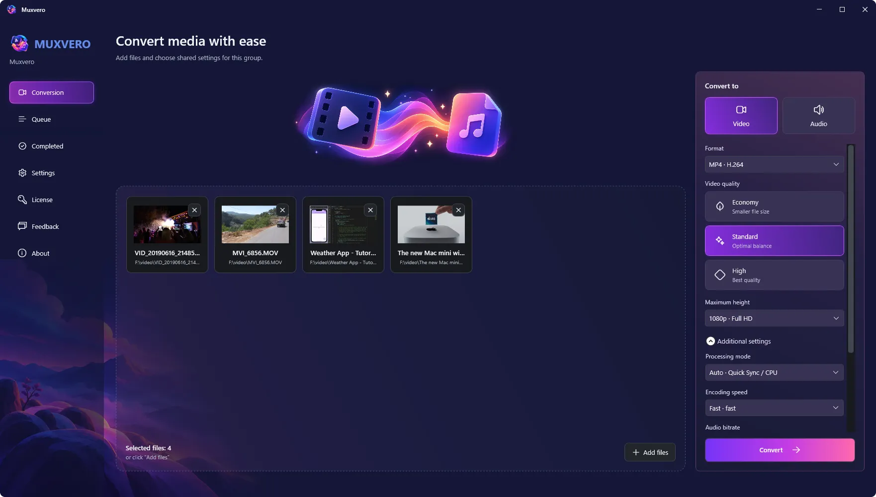 Muxvero video converter with selected files and settings for output format, quality, resolution, and encoding speed.