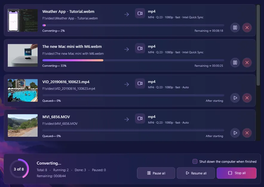 Muxvero conversion queue with running, waiting, and paused jobs, progress indicators, and estimated completion times