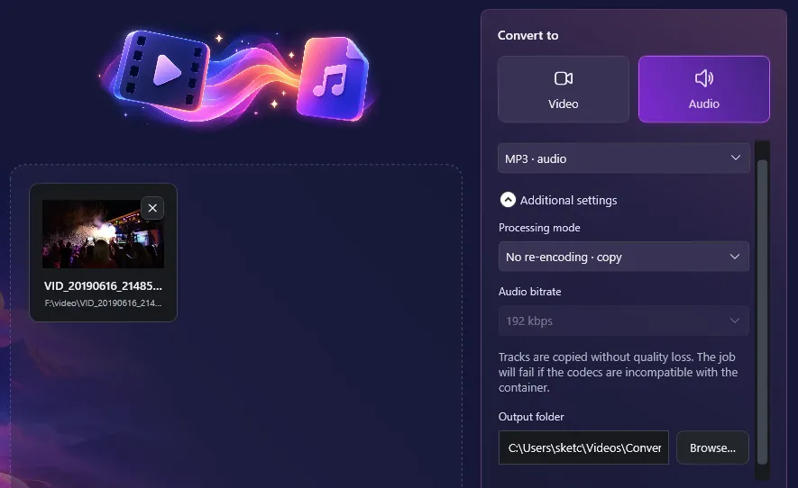 Muxvero configured to copy compatible video and audio streams from MP4 to MKV without re-encoding