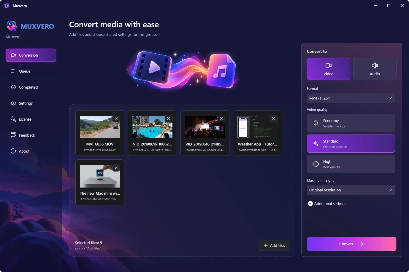 Muxvero for Windows showing a batch of video files and output conversion settings