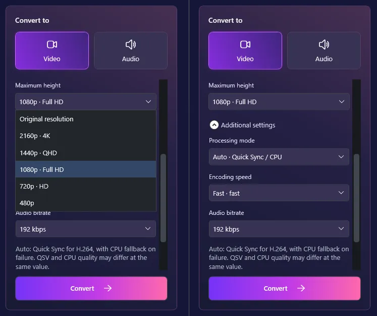 Muxvero video output settings with quality, 1080p maximum height, encoding speed, and audio bitrate controls