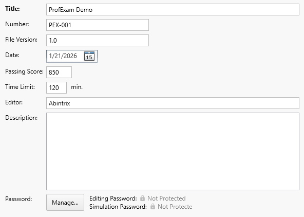 ProfExam Creator exam parameters for passing score, time limit, instructions, metadata, and scoring configuration