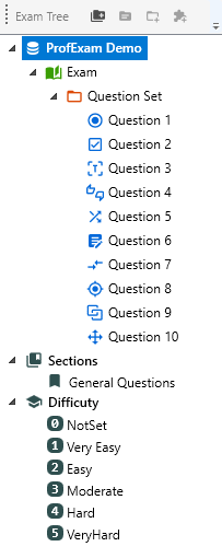 ProfExam Creator hierarchical exam tree with sections, question groups, and individual certification exam questions