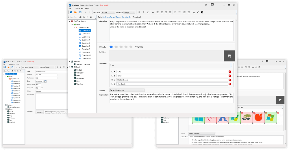 ProfExam Creator visual exam editor showing a structured certification test