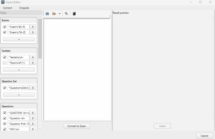 ProfExam Creator Import Editor converting TXT, RTF, or PDF source material into structured exam questions