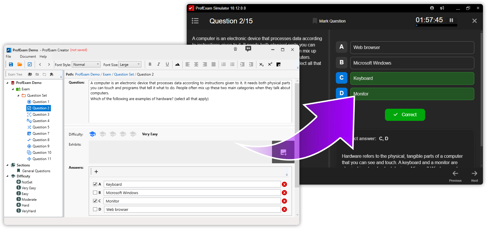ProfExam Creator previewing an authored exam directly in ProfExam Simulator