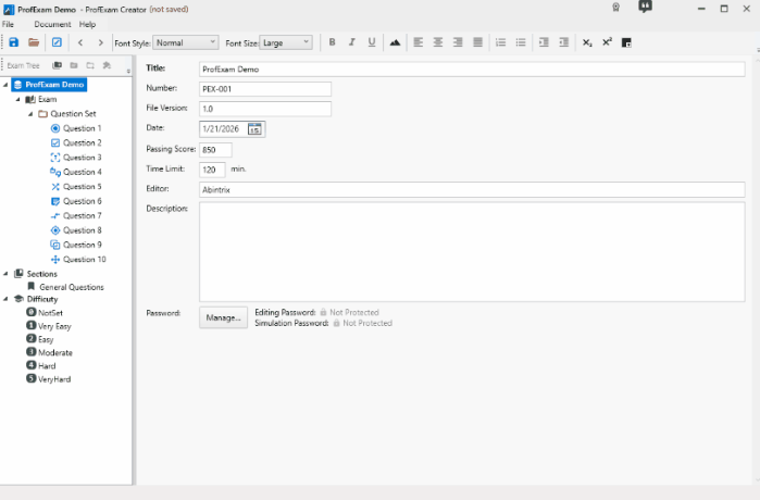 ProfExam Creator visual exam editor with hierarchical exam tree, rich question content, answers, and formatting controls
