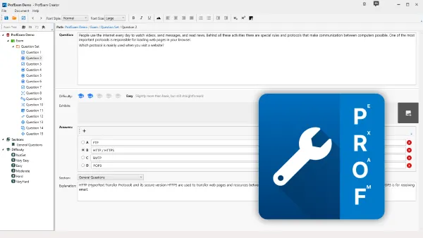 ProfExam Creator visual exam editor showing a structured certification test
