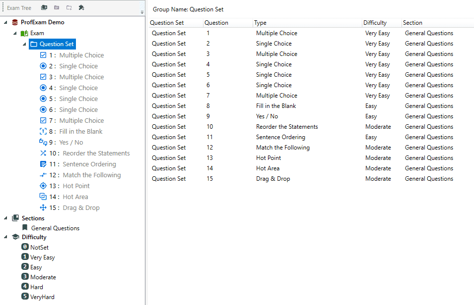 ProfExam Creator hierarchical exam tree with sections, question groups, and individual certification exam questions