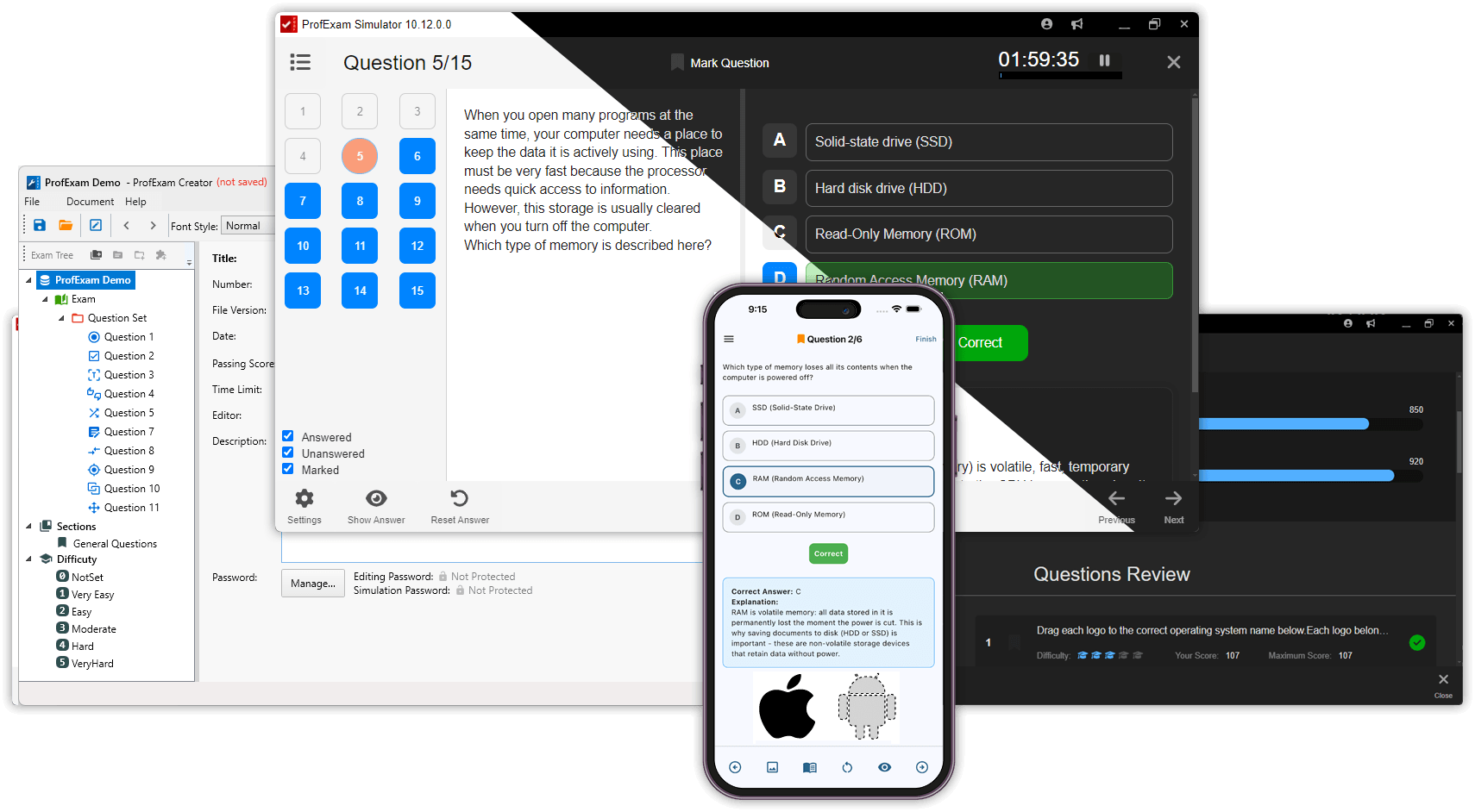 ProfExam Simulator displaying a realistic practice exam interface