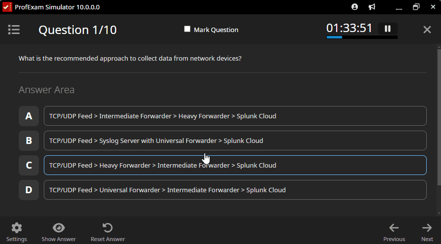 ProfExam Simulator question navigation panel showing answered, unanswered, and marked-for-review questions