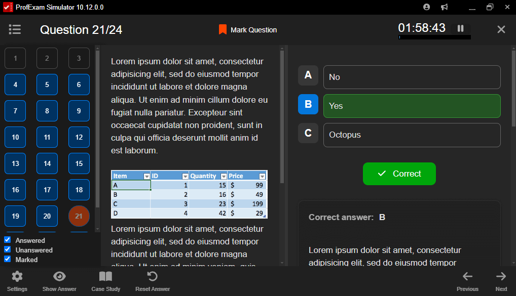 ProfExam Simulator realistic certification exam interface with timer, question navigation, and answer controls