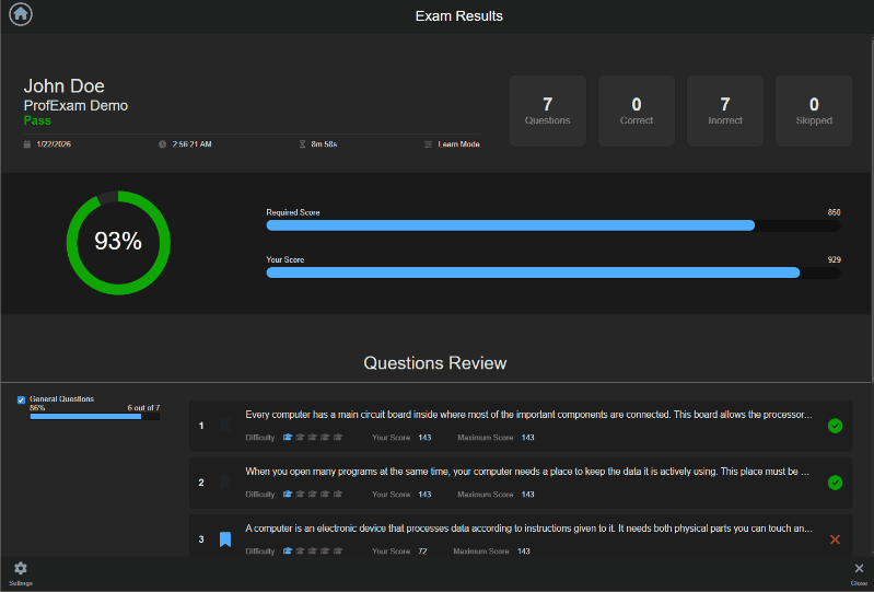 ProfExam Simulator score report with correct and incorrect answers, explanations, and targeted retake options
