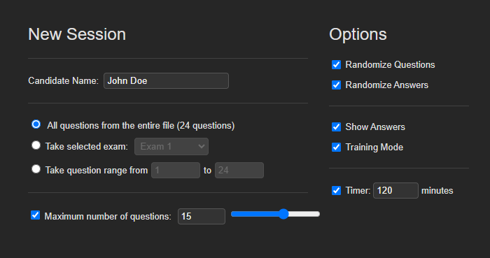 ProfExam Simulator session configurator with question order, answer shuffle, time limit, and hint settings