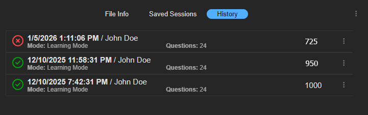 ProfExam Simulator session history with completed results and resumable unfinished exam attempts