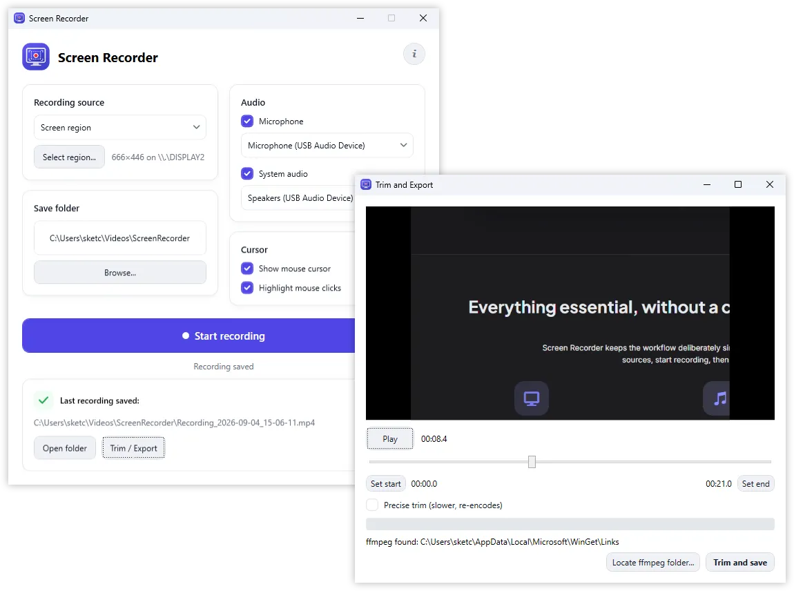 Free Screen Recorder for Windows with monitor selection, microphone and system audio capture, mouse cursor options, and MP4 save folder