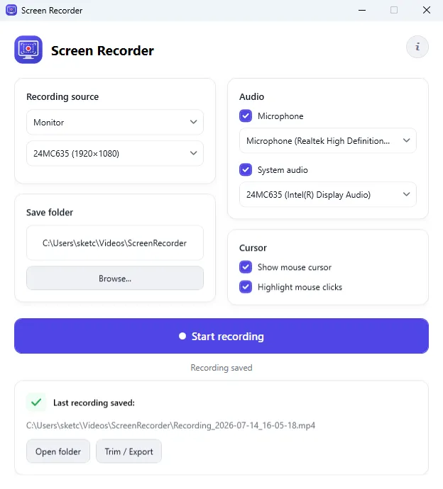 Free Screen Recorder for Windows with monitor selection, microphone and system audio capture, mouse cursor options, and MP4 save folder