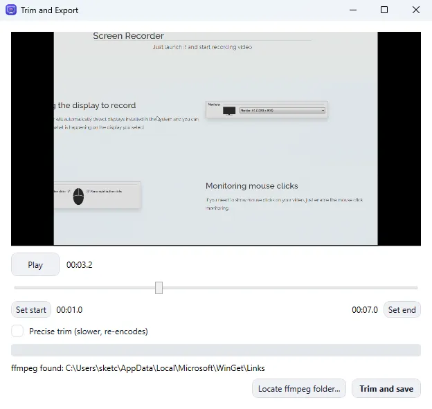Built-in Screen Recorder video trimmer with preview, playback timeline, precise start and end points, and trim and save action