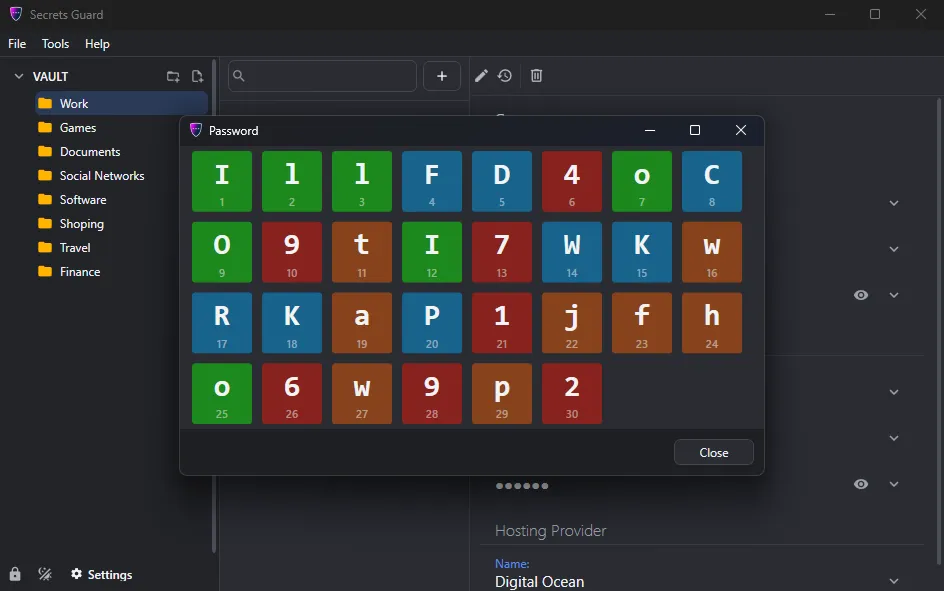 Secure password generator in Secrets Guard with character-by-character strength visualization and random password generation.