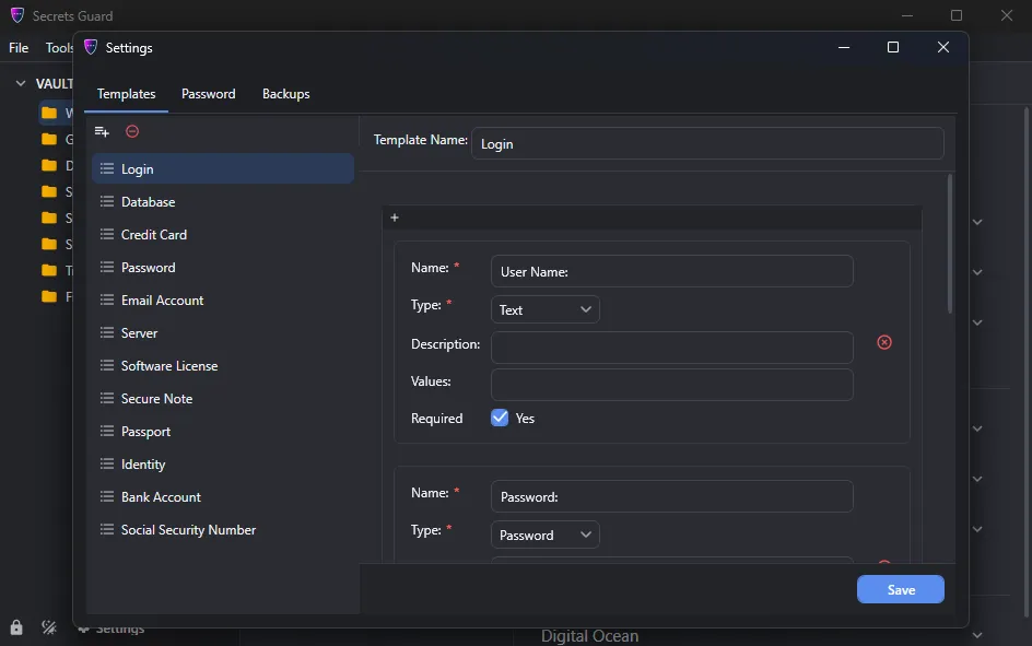 Secrets Guard settings window with security, encryption, backup, auto-lock, clipboard, and application preferences.