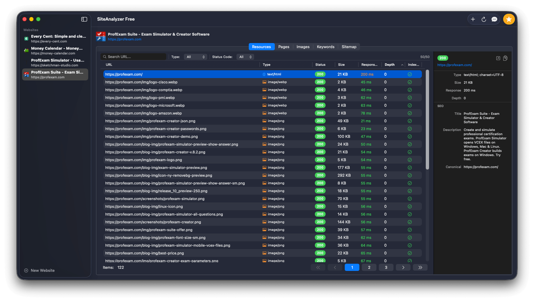 SiteAnalyzer for macOS crawling website resources with HTTP status codes, response times, content types, and redirect chains