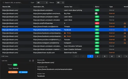 Internal and external link analysis in SiteAnalyzer with destination URLs, anchor text, link type, and HTTP status codes