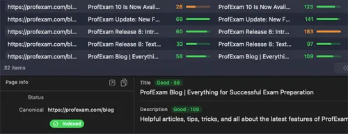 On-page SEO audit in SiteAnalyzer with title length, meta descriptions, heading structure, canonical URLs, and indexability checks