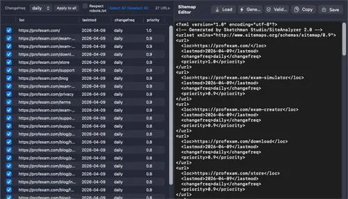 XML sitemap generator in SiteAnalyzer with URL exclusion, change frequency, priority, validation, and robots.txt integration