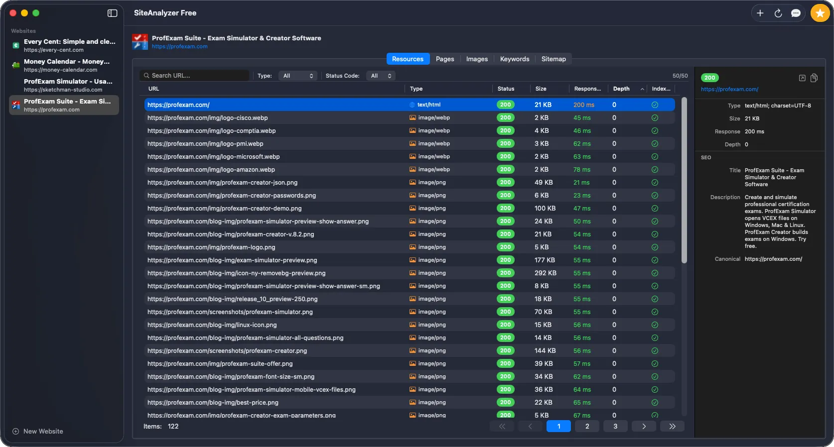 SiteAnalyzer - Resources tab showing crawled URLs with status codes, response times, and redirect chains