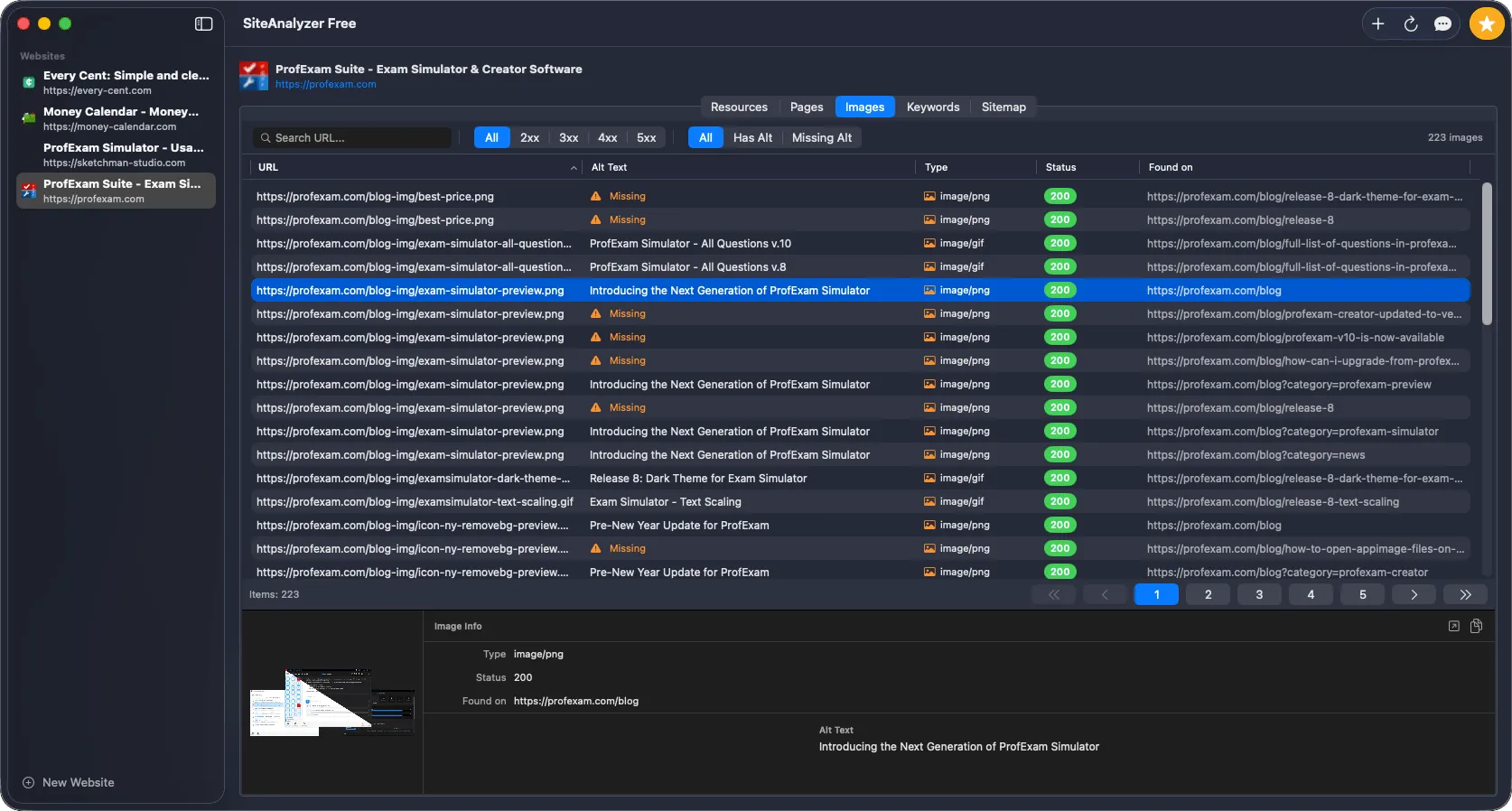 SiteAnalyzer - Images tab listing all found images with alt text status and file size