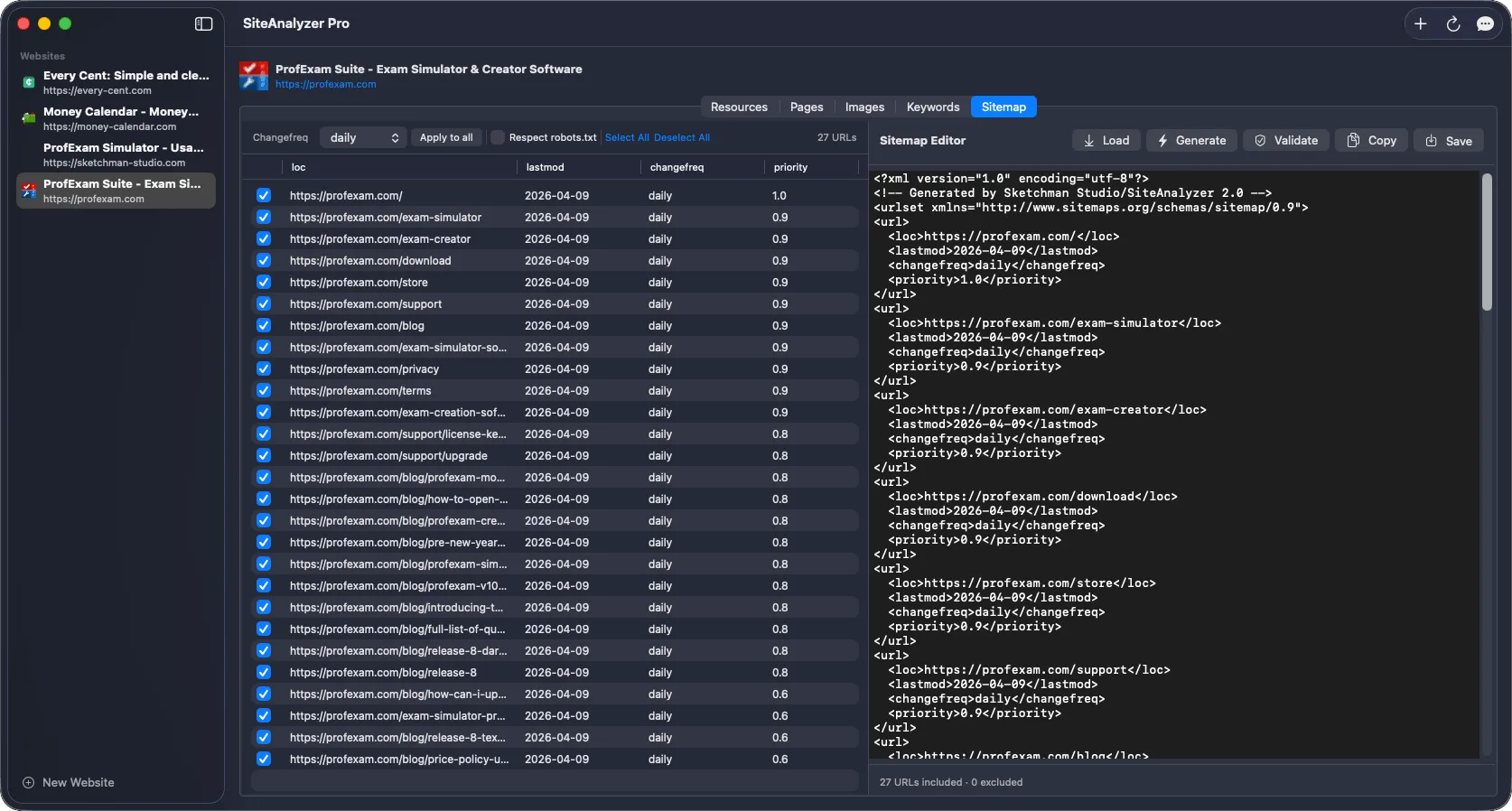 SiteAnalyzer - Sitemap generator with XML preview, changefreq and priority settings, and URL exclusion options