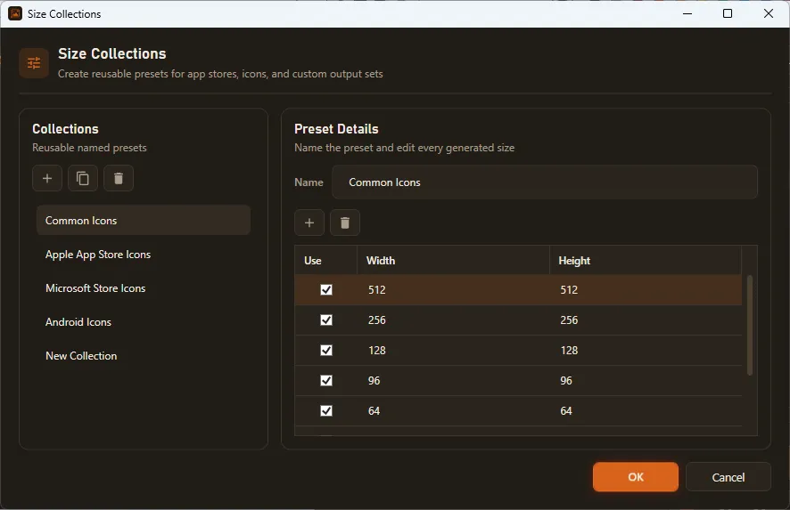 Apple App Store, Microsoft Store, and Android icon size presets in SizeForge