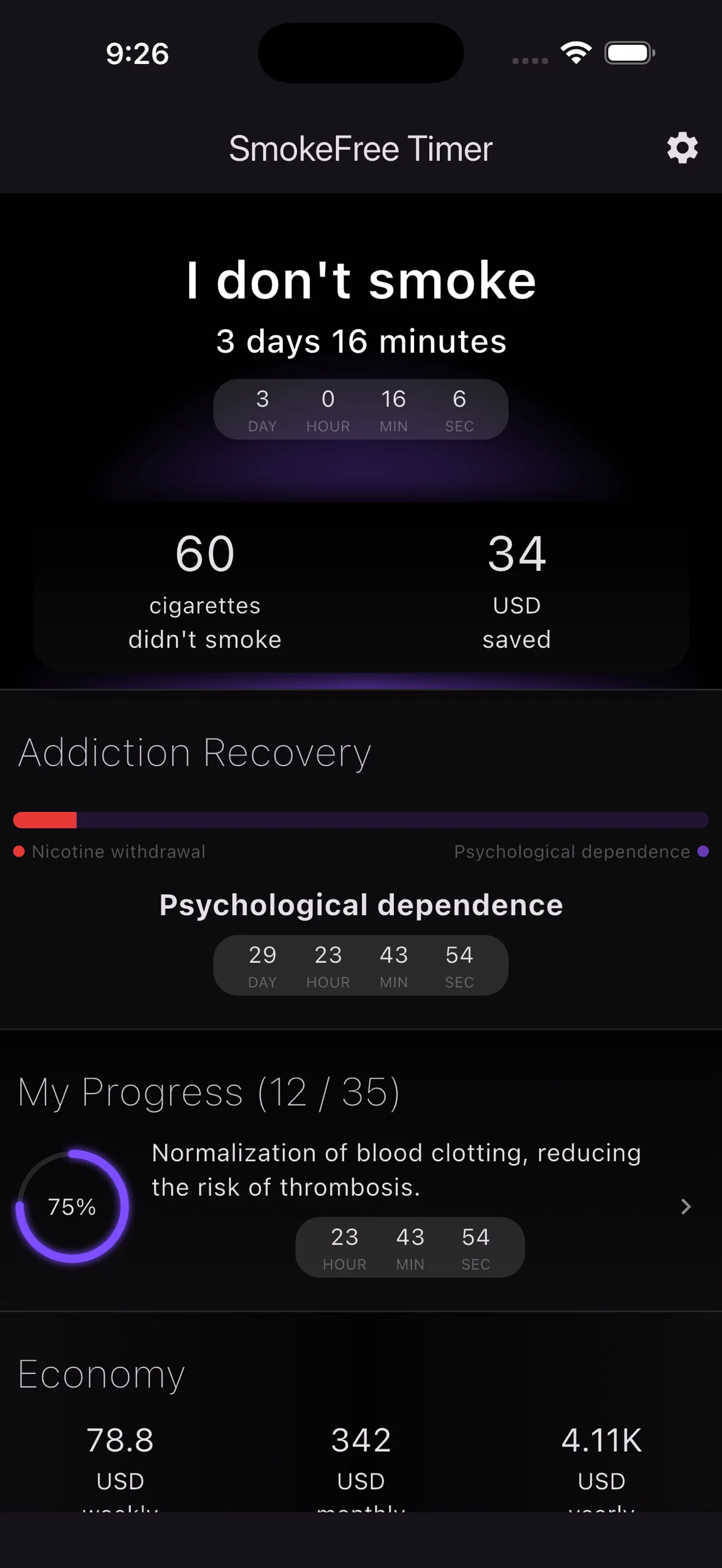 SmokeFree Timer dashboard showing three smoke-free days, cigarettes avoided, money saved, and recovery progress